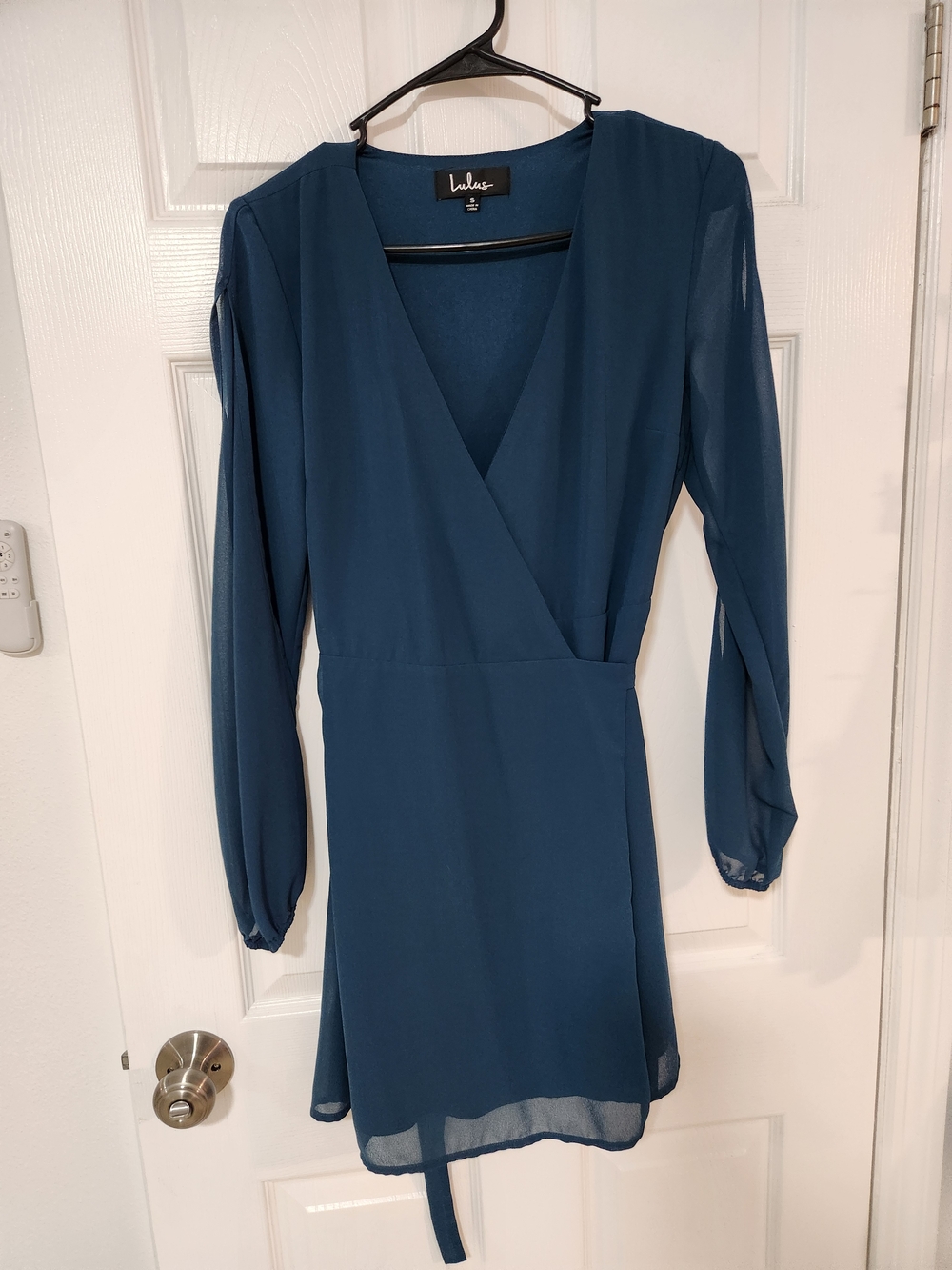 Lulu's Teal Wrap Long-Sleeve Mini Dress